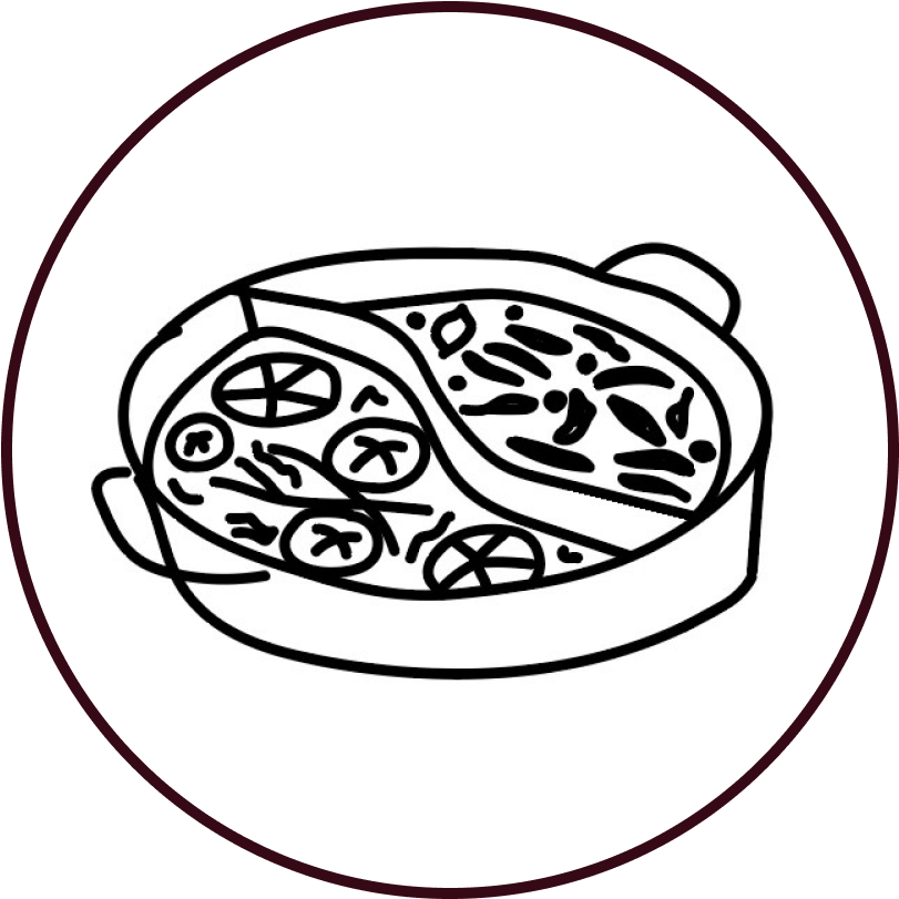 An outline of a dual hotpot with 2 distinct soups