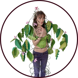 Plant person covered in leaves and flowers