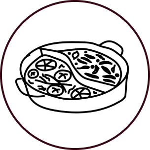 An outline of a dual hotpot with 2 distinct soups