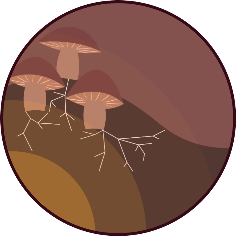 Mushrooms and mycelia grow over a brown and yellow background