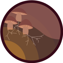 Mushrooms and mycelia grow over a brown and yellow background