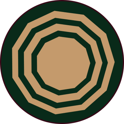 Vintage yellow hendecagon with radiating shapes over a dark green background