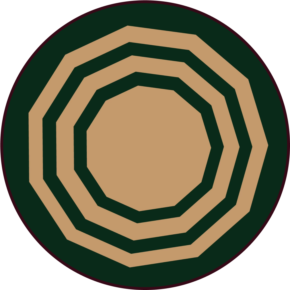 Vintage yellow hendecagon with radiating shapes over a dark green background