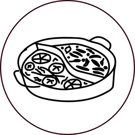 An outline of a dual hotpot with 2 distinct soups